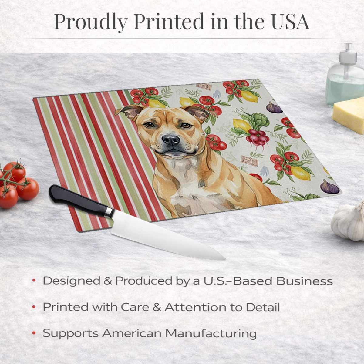 Picture of Carolines Treasures WDK8430LCB 11.25 x 15.25 in. Fawn Staffordshire Bull Terrier Vegetables Glass Cutting Board