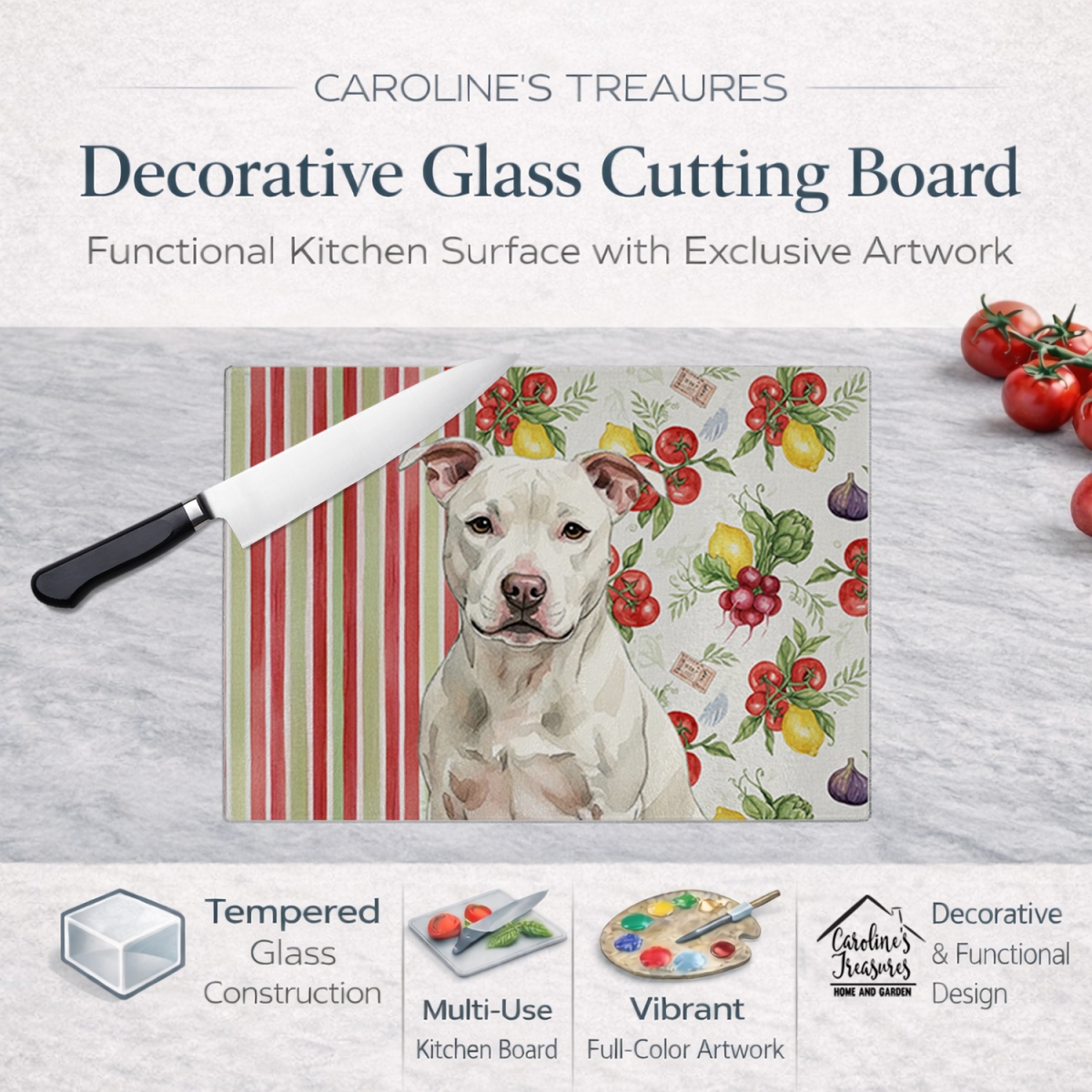 Picture of Carolines Treasures WDK8431LCB 11.25 x 15.25 in. White Staffordshire Bull Terrier Vegetables Glass Cutting Board