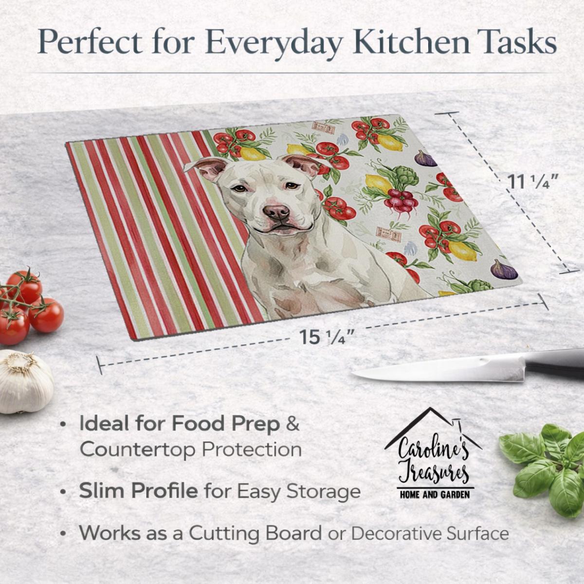 Picture of Carolines Treasures WDK8431LCB 11.25 x 15.25 in. White Staffordshire Bull Terrier Vegetables Glass Cutting Board