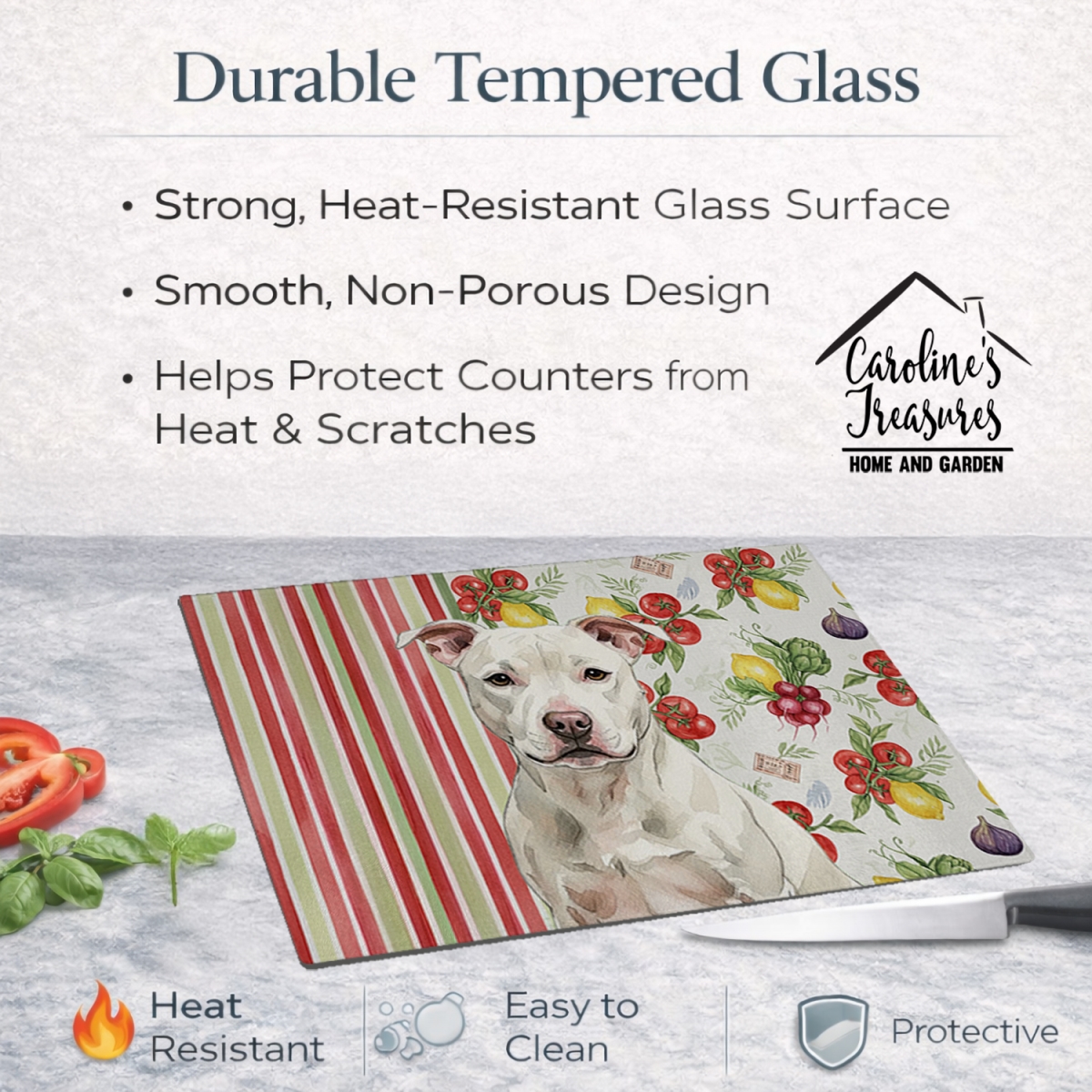 Picture of Carolines Treasures WDK8431LCB 11.25 x 15.25 in. White Staffordshire Bull Terrier Vegetables Glass Cutting Board
