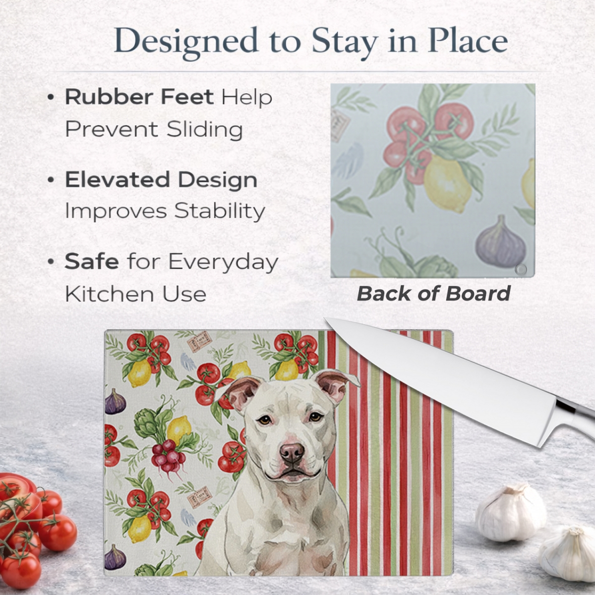 Picture of Carolines Treasures WDK8431LCB 11.25 x 15.25 in. White Staffordshire Bull Terrier Vegetables Glass Cutting Board