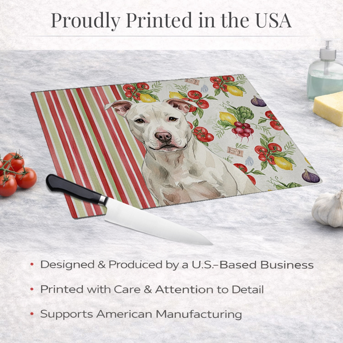 Picture of Carolines Treasures WDK8431LCB 11.25 x 15.25 in. White Staffordshire Bull Terrier Vegetables Glass Cutting Board