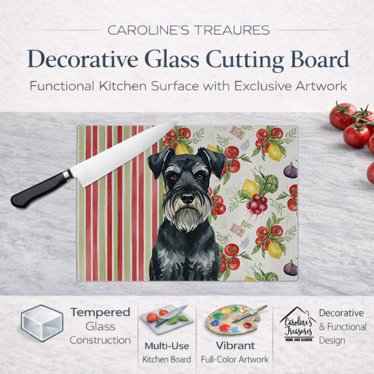 Picture of Carolines Treasures WDK8432LCB 11.25 x 15.25 in. Standard Schnauzer Vegetables Glass Cutting Board