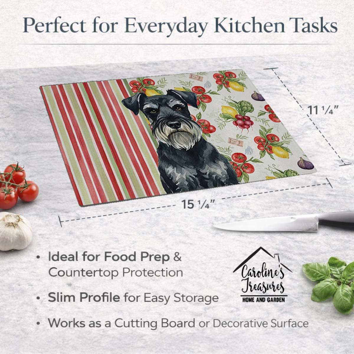 Picture of Carolines Treasures WDK8432LCB 11.25 x 15.25 in. Standard Schnauzer Vegetables Glass Cutting Board