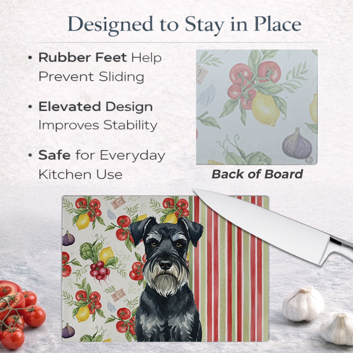 Picture of Carolines Treasures WDK8432LCB 11.25 x 15.25 in. Standard Schnauzer Vegetables Glass Cutting Board