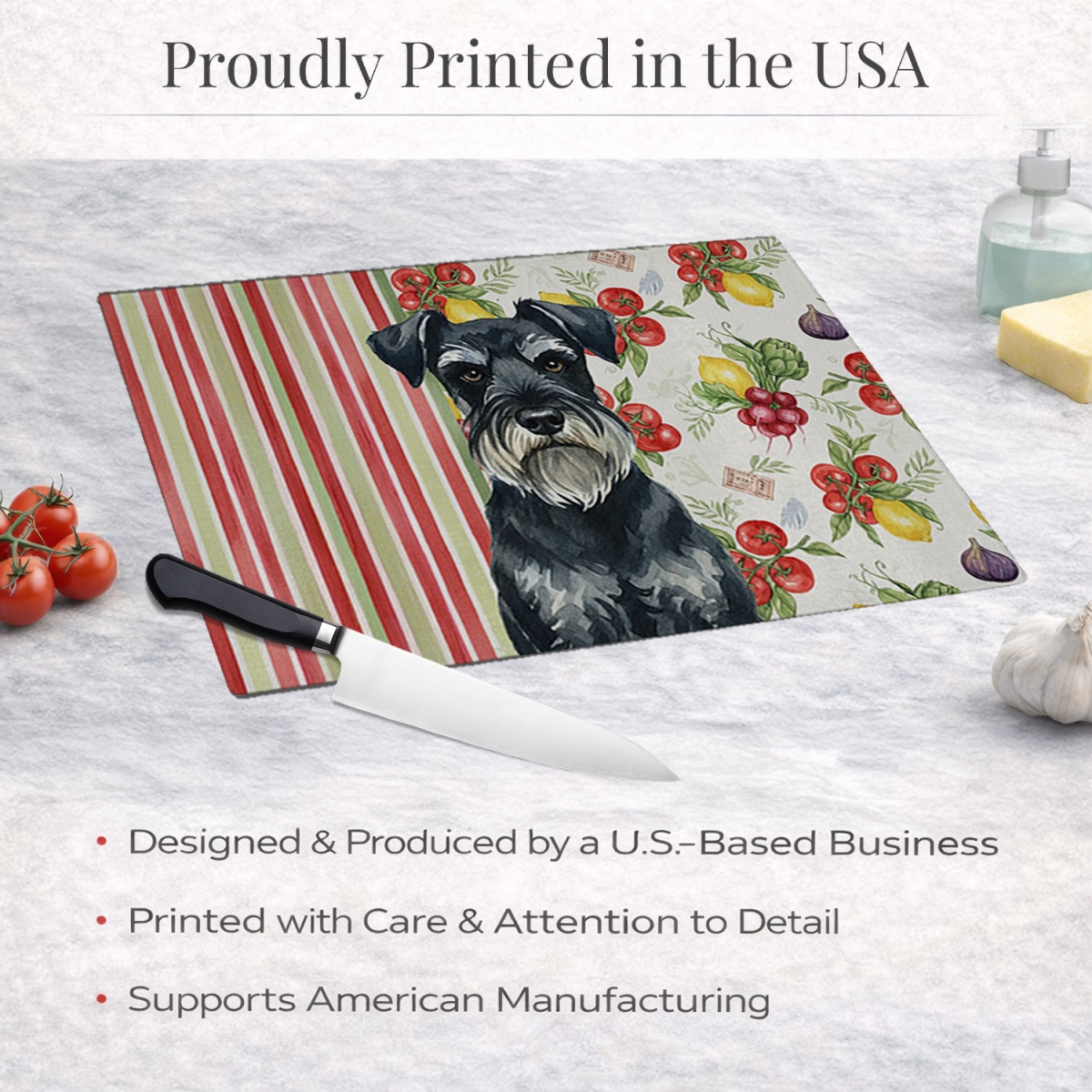 Picture of Carolines Treasures WDK8432LCB 11.25 x 15.25 in. Standard Schnauzer Vegetables Glass Cutting Board