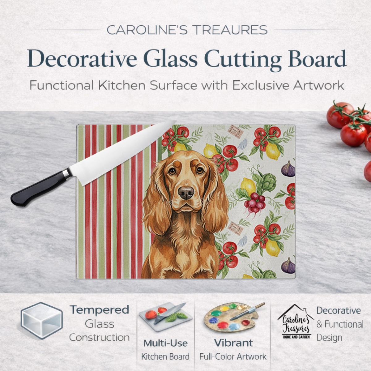 Picture of Carolines Treasures WDK8433LCB 11.25 x 15.25 in. Sussex Spaniel Vegetables Glass Cutting Board
