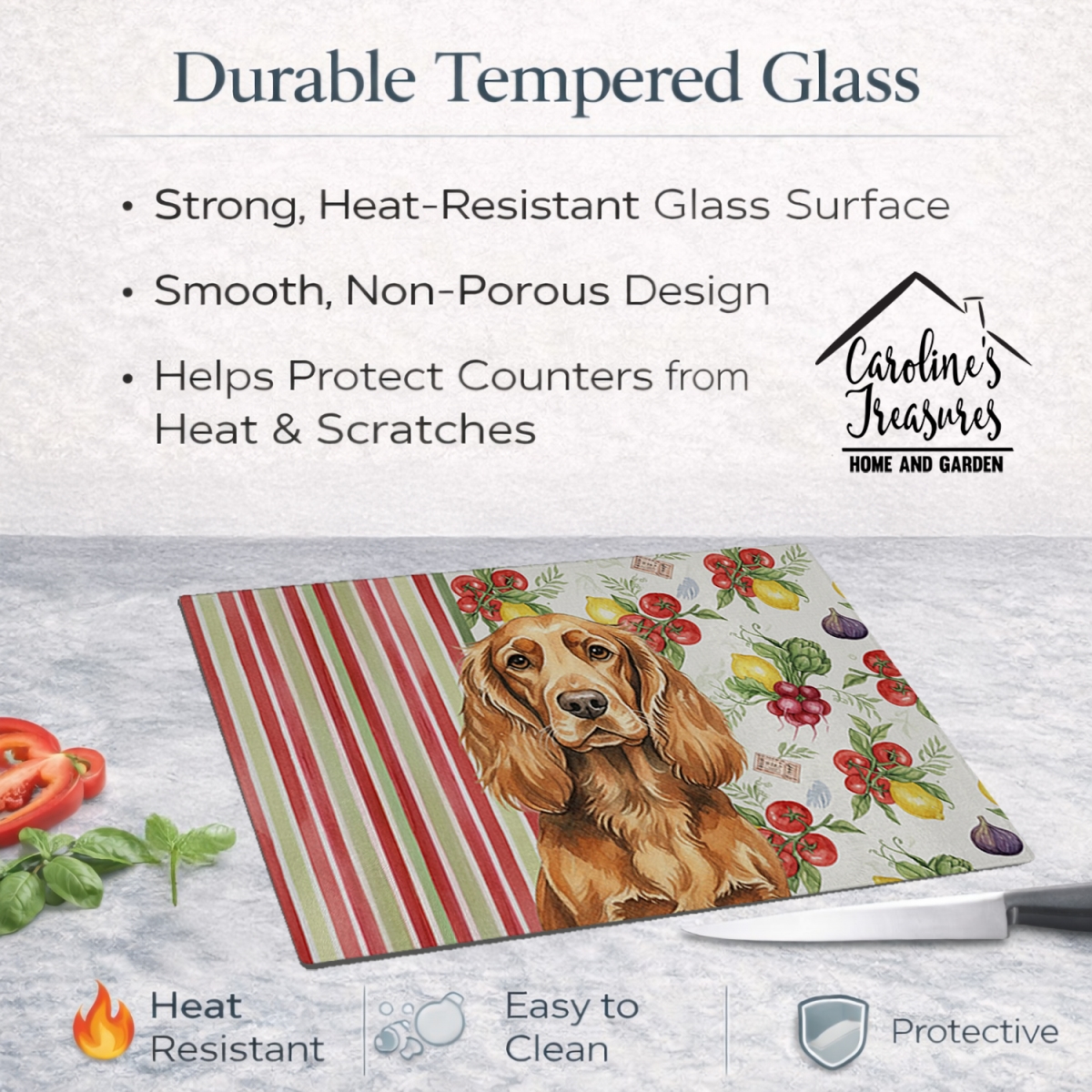 Picture of Carolines Treasures WDK8433LCB 11.25 x 15.25 in. Sussex Spaniel Vegetables Glass Cutting Board