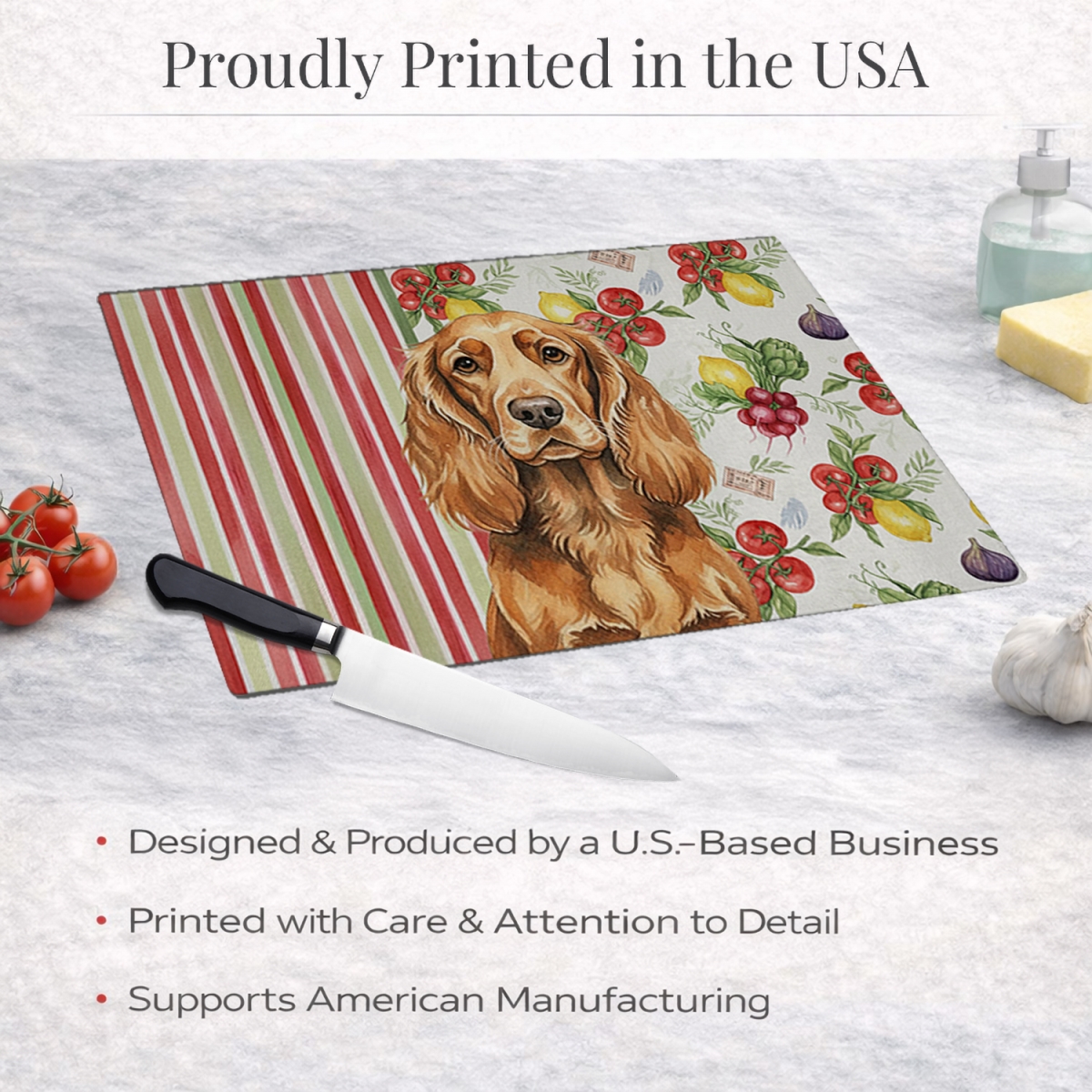 Picture of Carolines Treasures WDK8433LCB 11.25 x 15.25 in. Sussex Spaniel Vegetables Glass Cutting Board