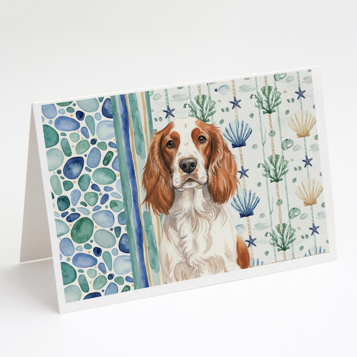 WDK7248GCA7P 5 x 7 in. Welsh Springer Spaniel Coastal Sea Glass Greeting Cards, Pack of 8