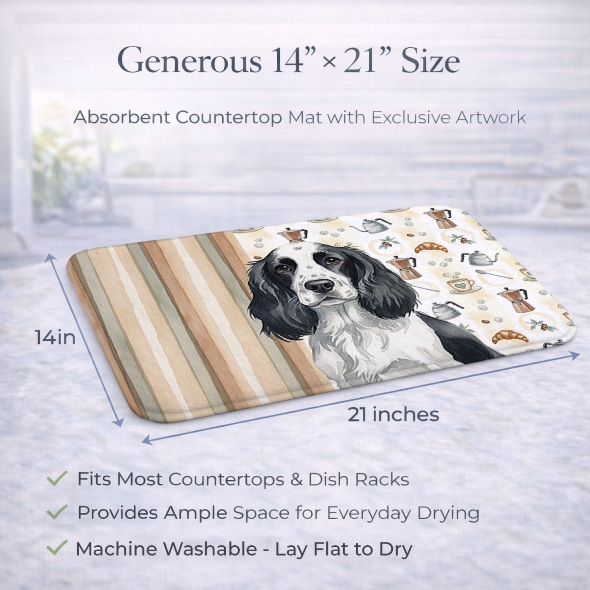 Picture of Carolines Treasures WDK7432DDM 21 x 14 in. Black & White English Springer Spaniel Coffee Bar Dish Drying Mat