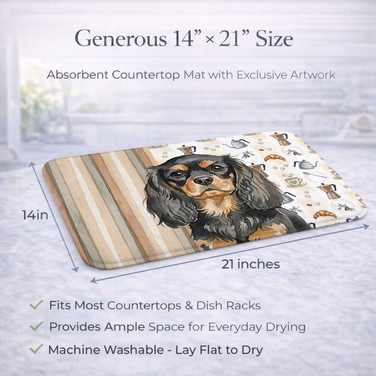 Picture of Carolines Treasures WDK7434DDM 21 x 14 in. Black & Tan English Toy Spaniel Coffee Bar Dish Drying Mat