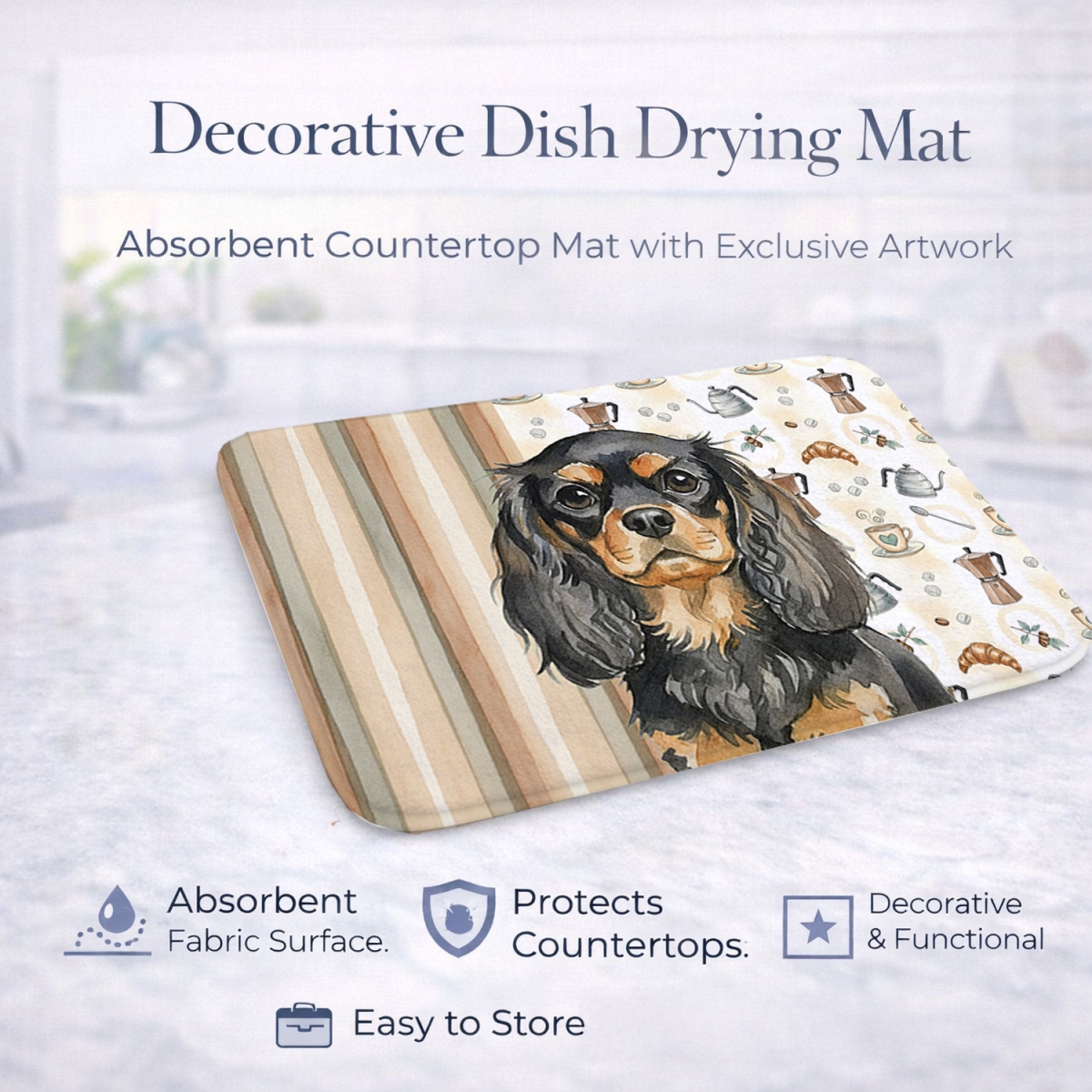 Picture of Carolines Treasures WDK7434DDM 21 x 14 in. Black & Tan English Toy Spaniel Coffee Bar Dish Drying Mat