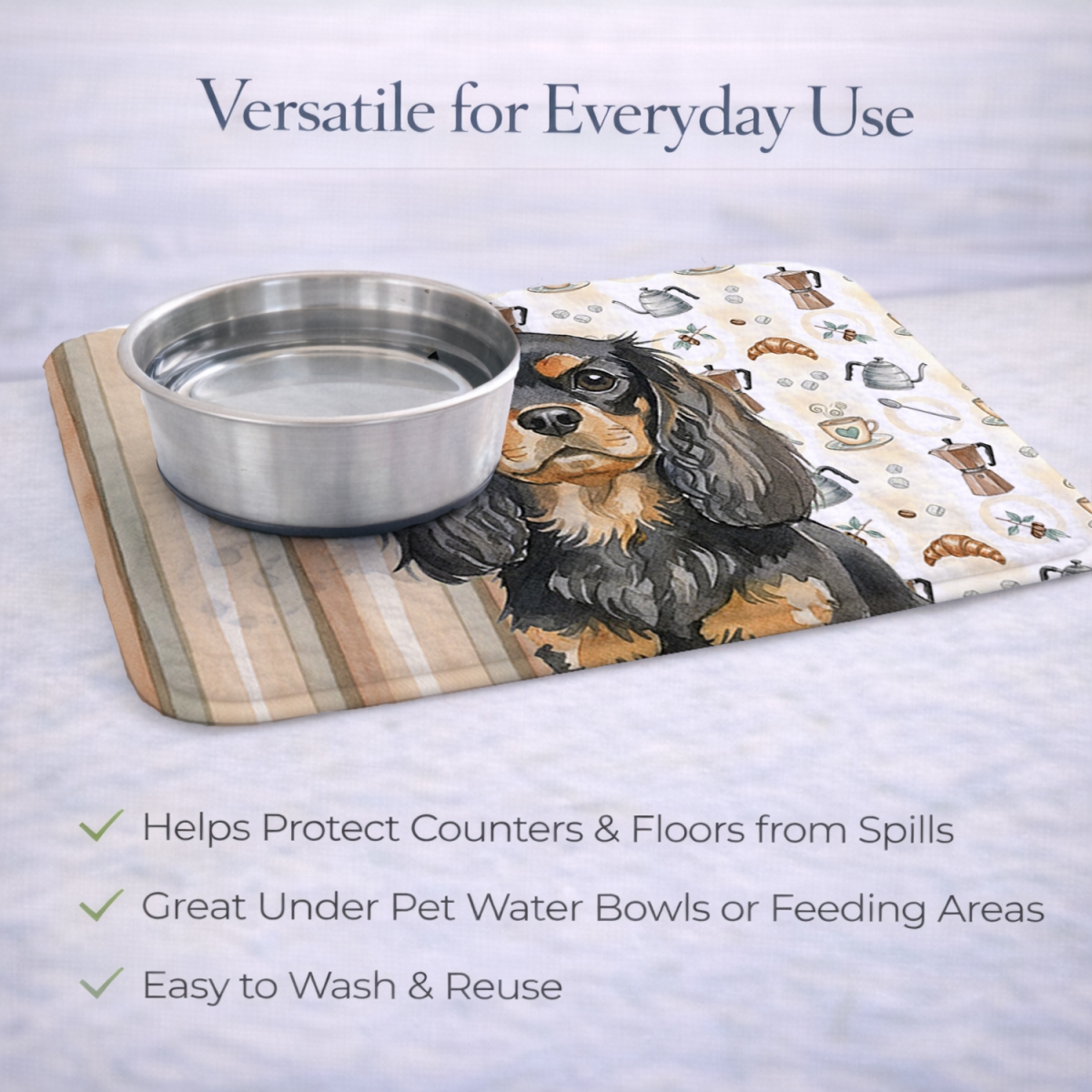Picture of Carolines Treasures WDK7434DDM 21 x 14 in. Black & Tan English Toy Spaniel Coffee Bar Dish Drying Mat
