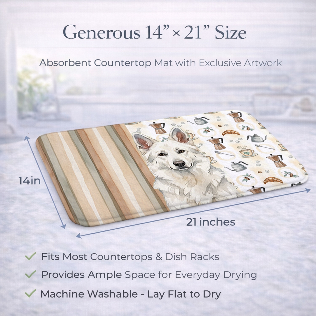 Picture of Carolines Treasures WDK7447DDM 21 x 14 in. White German Shepherd Coffee Bar Dish Drying Mat