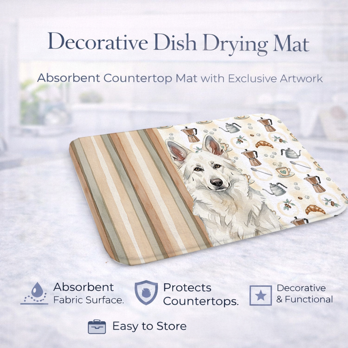 Picture of Carolines Treasures WDK7447DDM 21 x 14 in. White German Shepherd Coffee Bar Dish Drying Mat