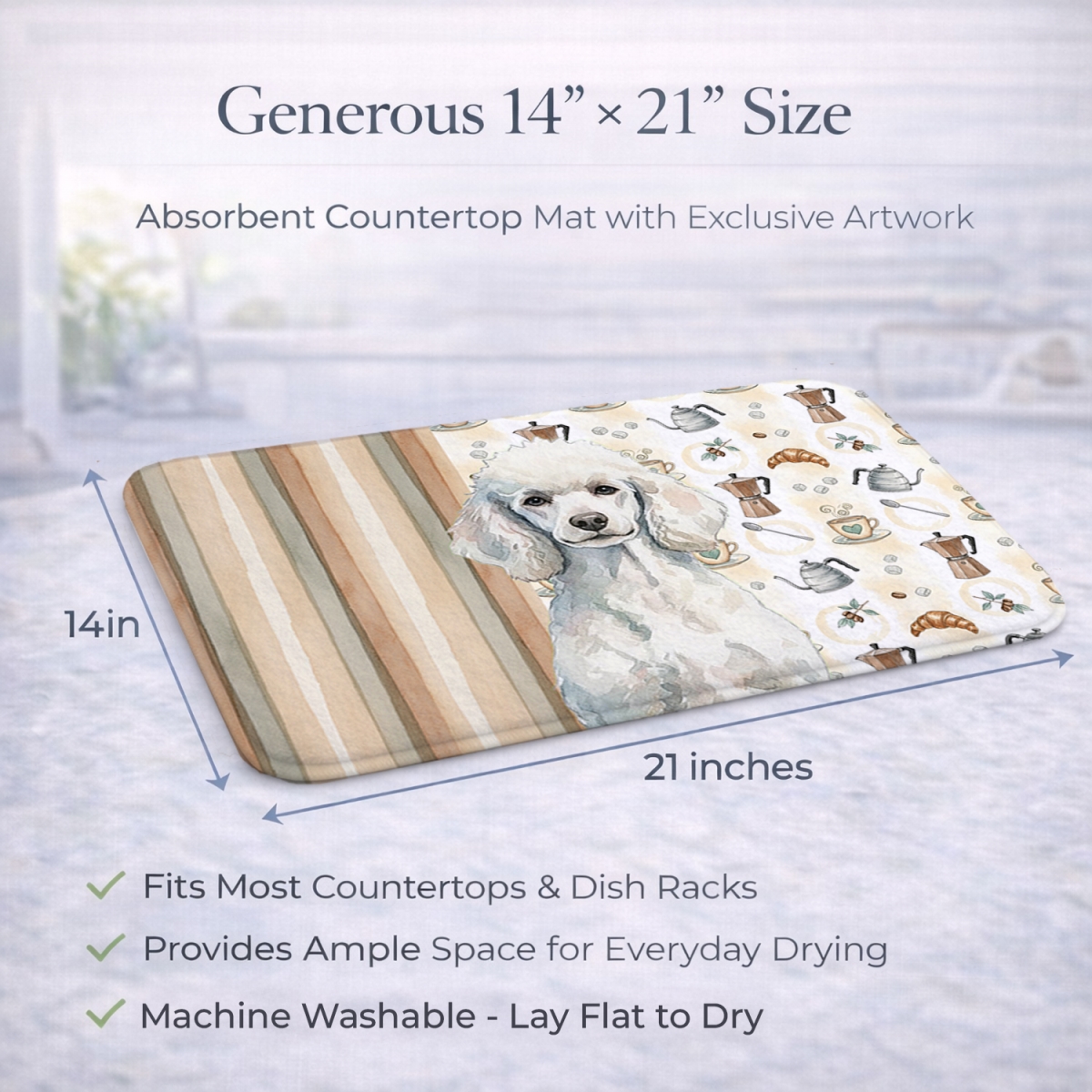 Picture of Carolines Treasures WDK7571DDM 21 x 14 in. Standard White Poodle Coffee Bar Dish Drying Mat