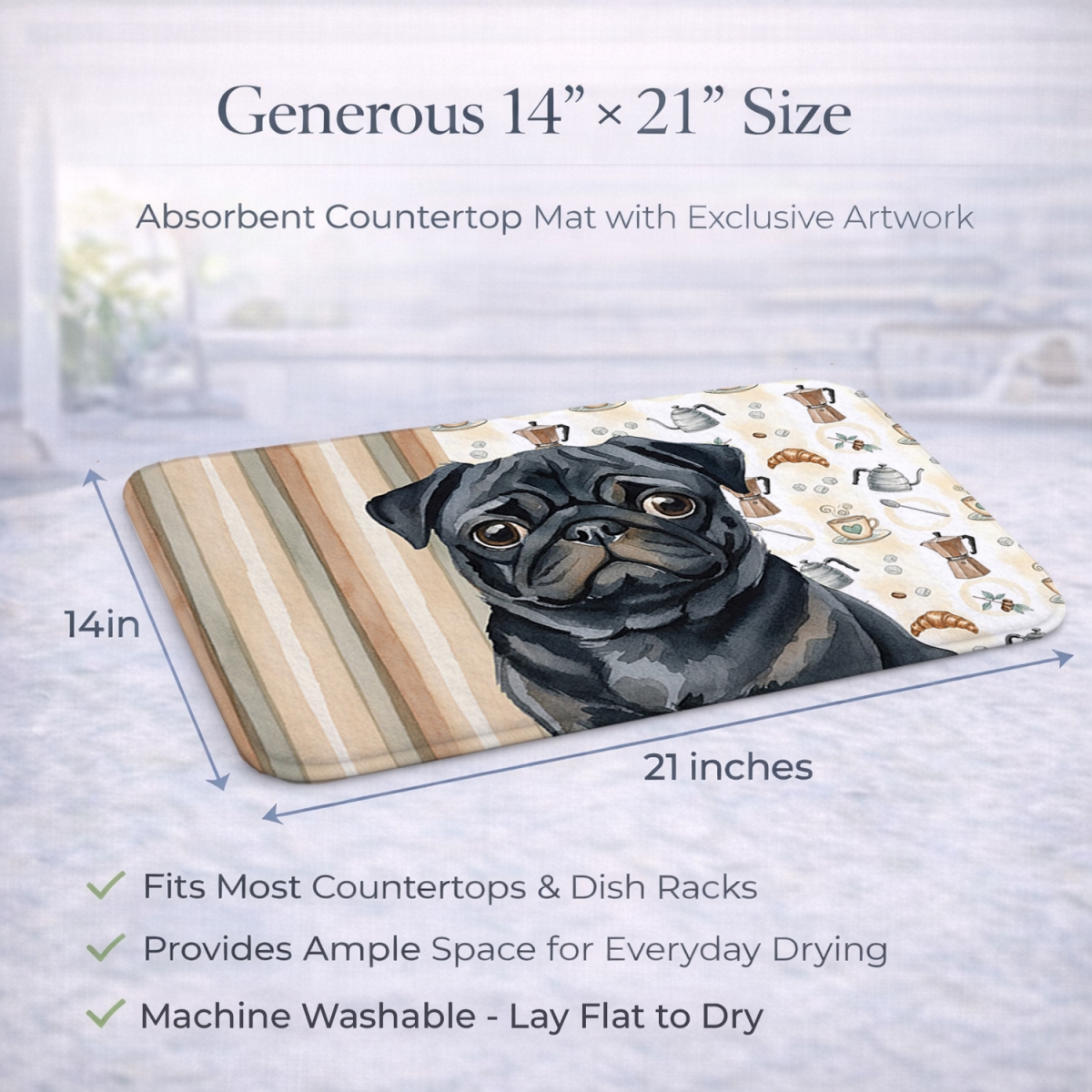 Picture of Carolines Treasures WDK7581DDM 21 x 14 in. Black Pug Coffee Bar Dish Drying Mat