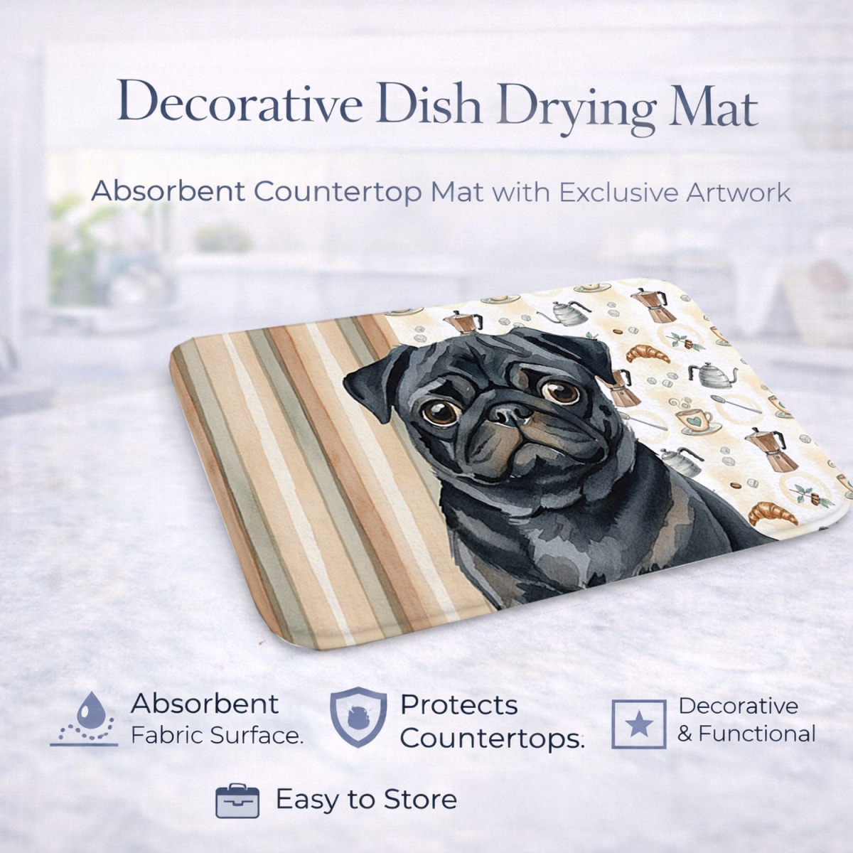 Picture of Carolines Treasures WDK7581DDM 21 x 14 in. Black Pug Coffee Bar Dish Drying Mat