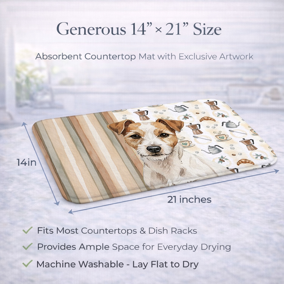 Picture of Carolines Treasures WDK7590DDM 21 x 14 in. White with Tan Markings Russell Terrier Coffee Bar Dish Drying Mat
