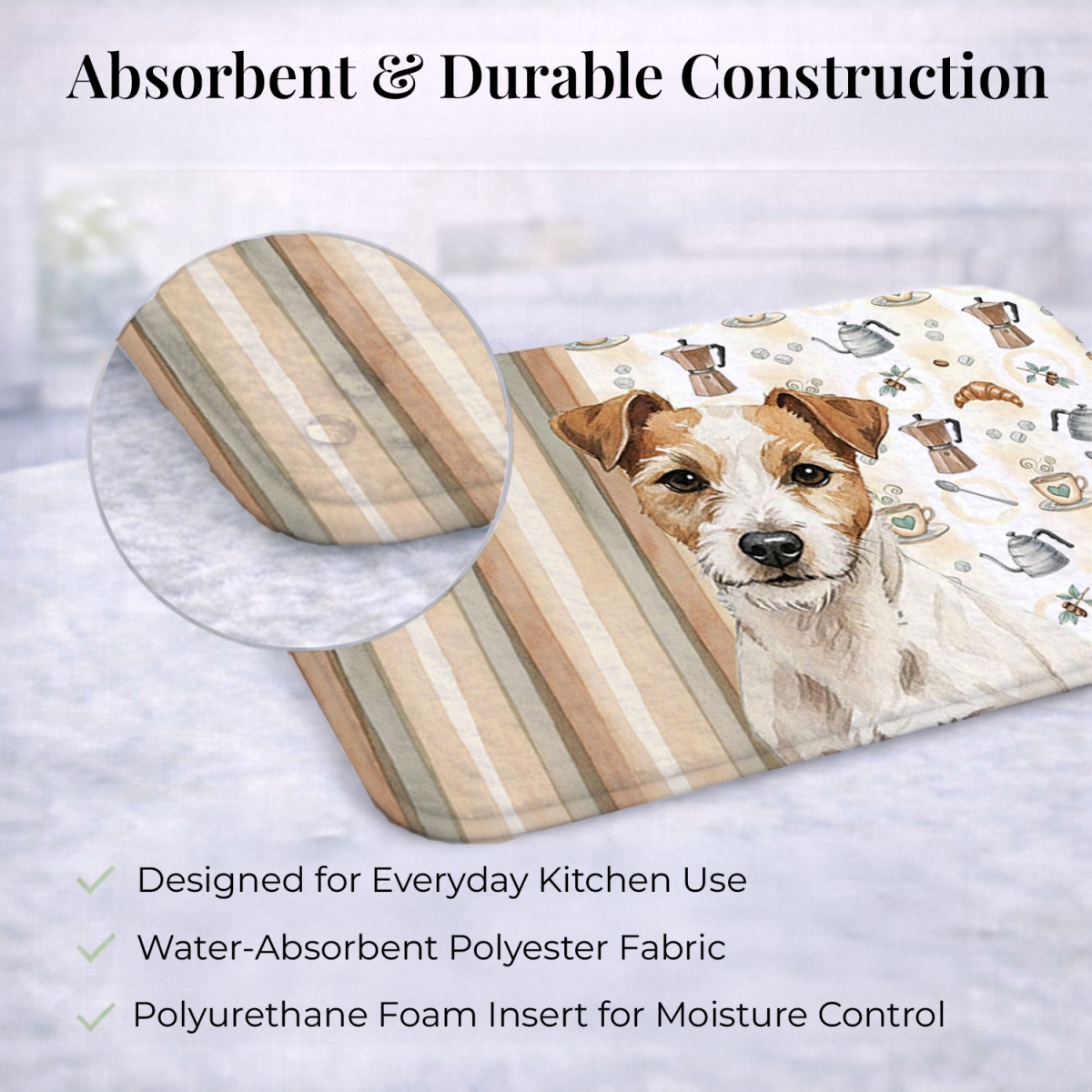 Picture of Carolines Treasures WDK7590DDM 21 x 14 in. White with Tan Markings Russell Terrier Coffee Bar Dish Drying Mat