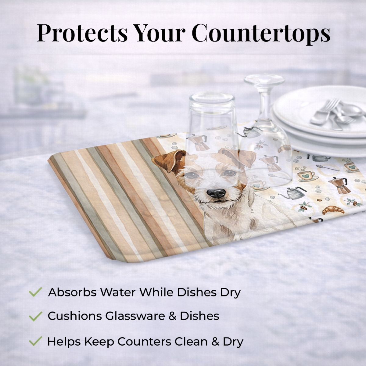 Picture of Carolines Treasures WDK7590DDM 21 x 14 in. White with Tan Markings Russell Terrier Coffee Bar Dish Drying Mat