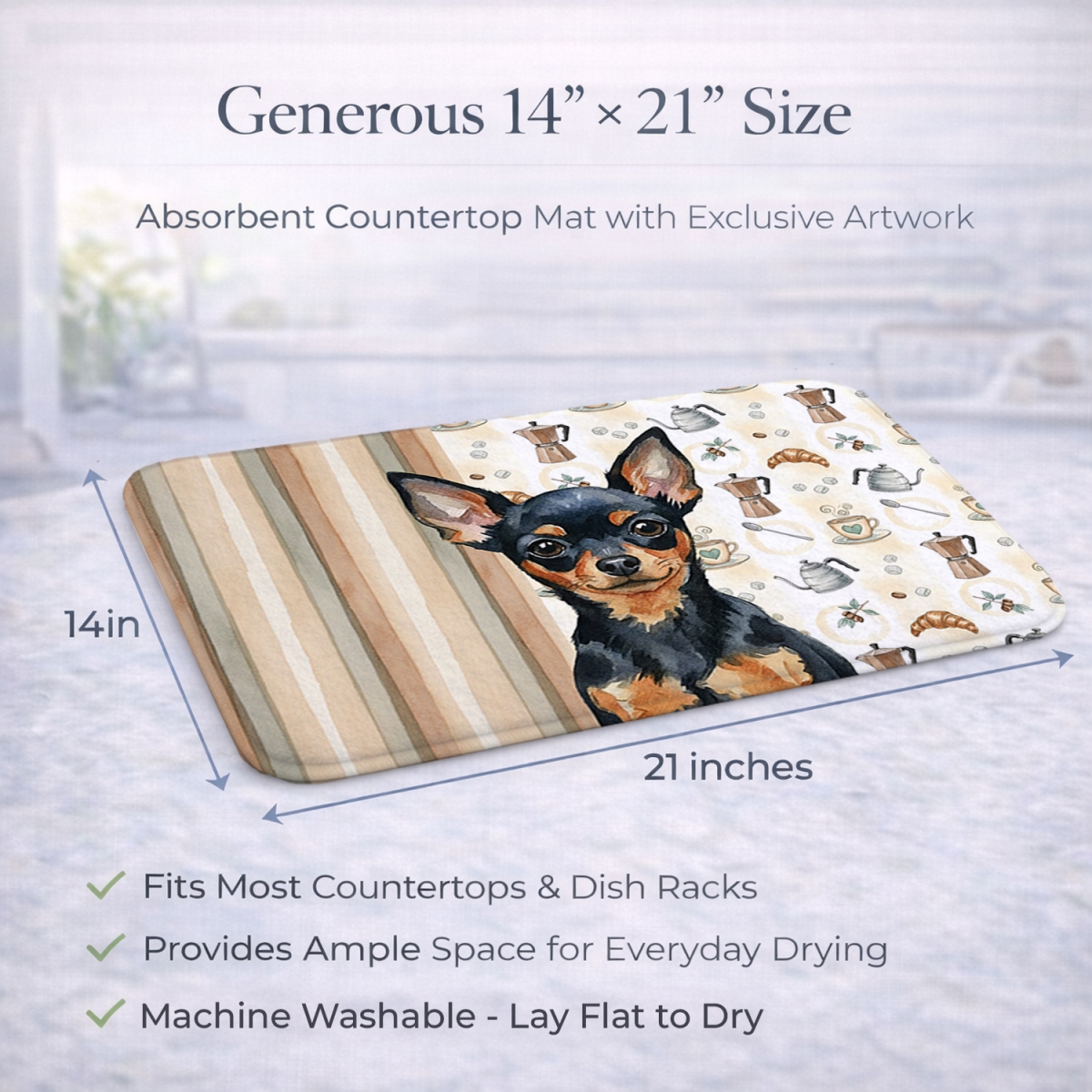 Picture of Carolines Treasures WDK7591DDM 21 x 14 in. Black & Tan Russian Toy Coffee Bar Dish Drying Mat