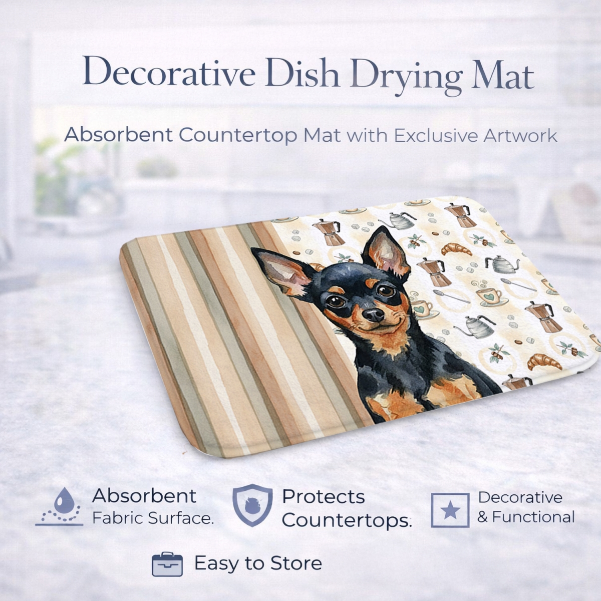 Picture of Carolines Treasures WDK7591DDM 21 x 14 in. Black & Tan Russian Toy Coffee Bar Dish Drying Mat