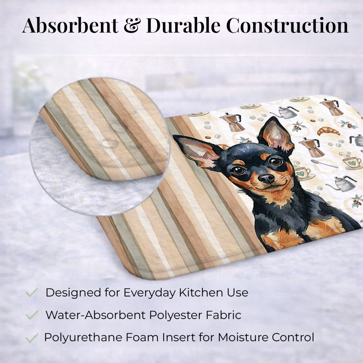 Picture of Carolines Treasures WDK7591DDM 21 x 14 in. Black & Tan Russian Toy Coffee Bar Dish Drying Mat