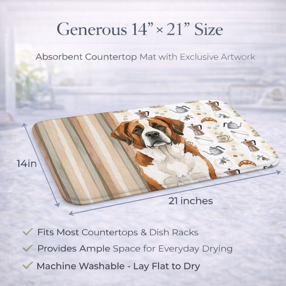 Picture of Carolines Treasures WDK7593DDM 21 x 14 in. Brown & White Saint Bernard Coffee Bar Dish Drying Mat
