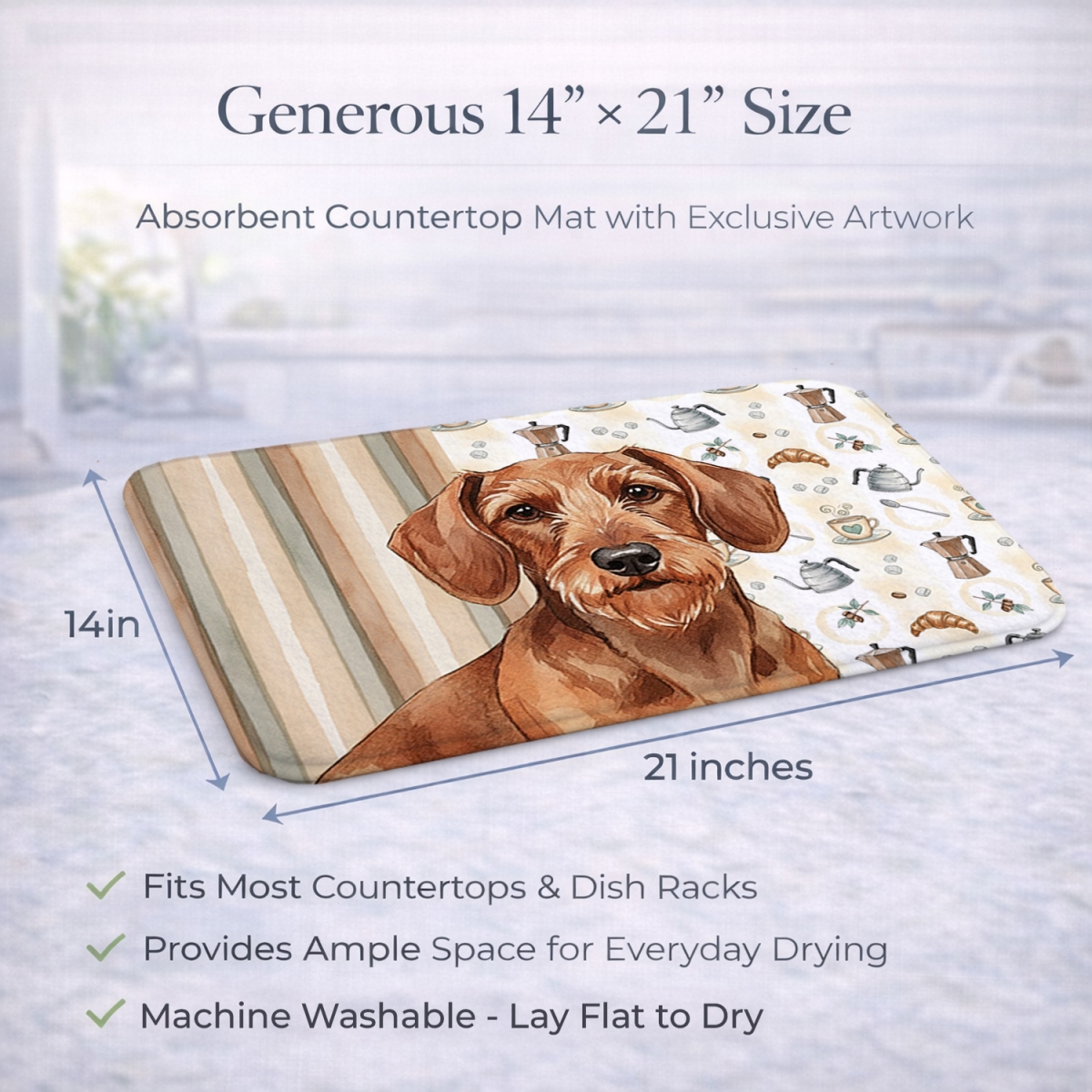 Picture of Carolines Treasures WDK7402DDM 21 x 14 in. Wirehaired Red Dachshund Coffee Bar Dish Drying Mat