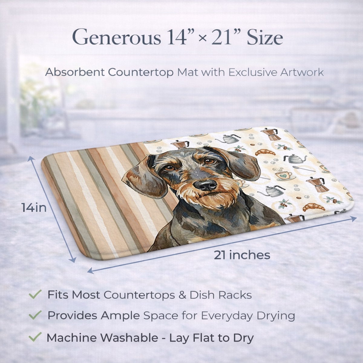 Picture of Carolines Treasures WDK7403DDM 21 x 14 in. Wirehaired Wild Boar Dachshund Coffee Bar Dish Drying Mat