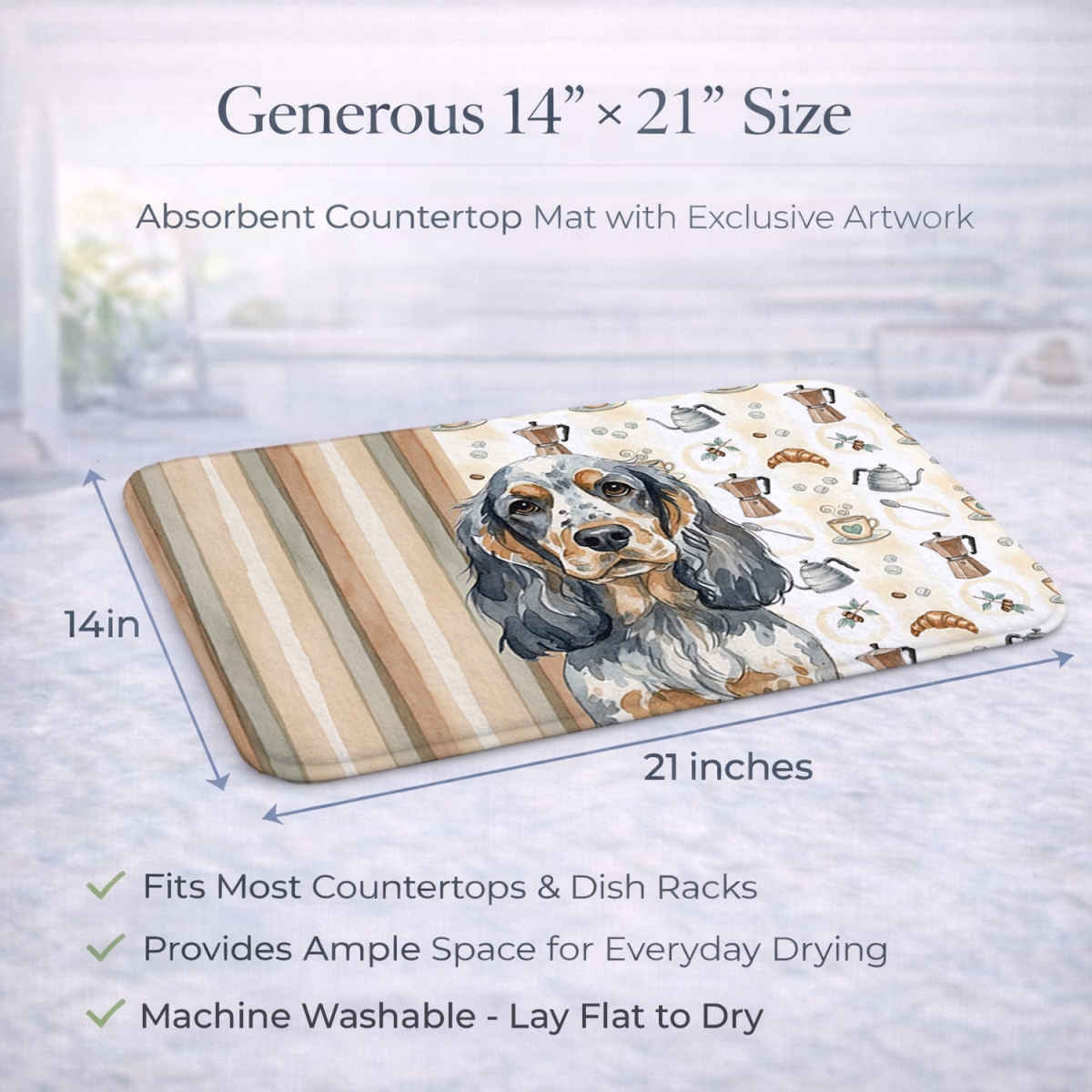Picture of Carolines Treasures WDK7417DDM 21 x 14 in. Blue Roan & Tan English Cocker Spaniel Coffee Bar Dish Drying Mat