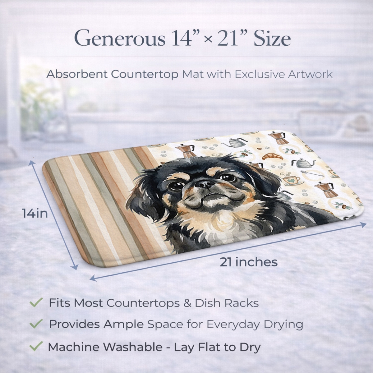 Picture of Carolines Treasures WDK7547DDM 21 x 14 in. Black & Tan Pekingese Coffee Bar Dish Drying Mat