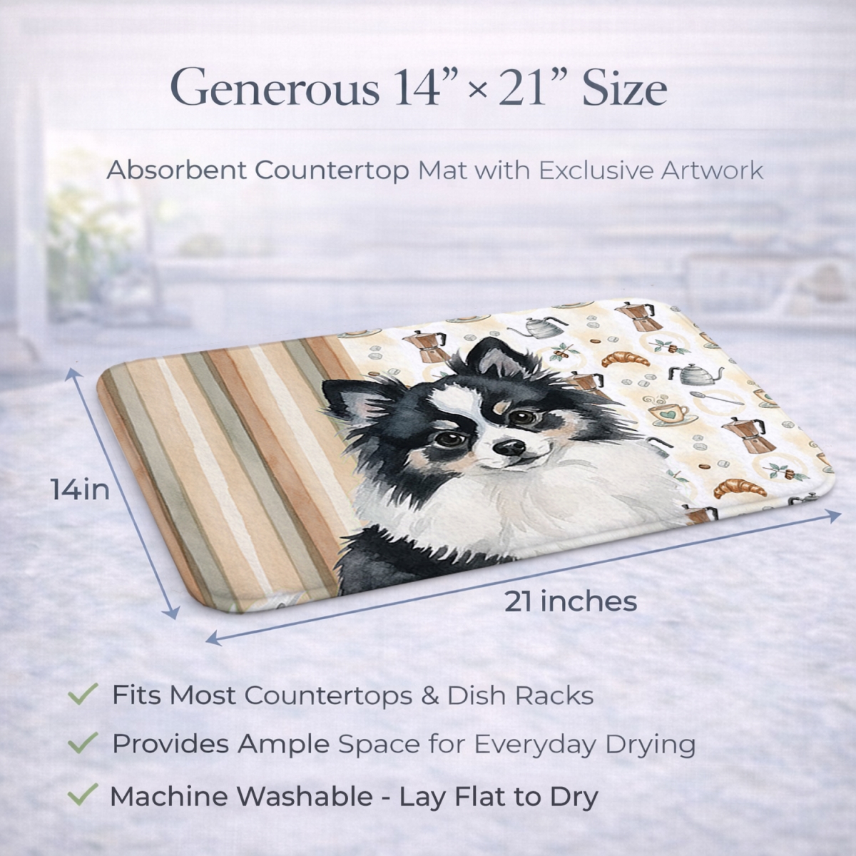 Picture of Carolines Treasures WDK7558DDM 21 x 14 in. Black & White Pomeranian Coffee Bar Dish Drying Mat