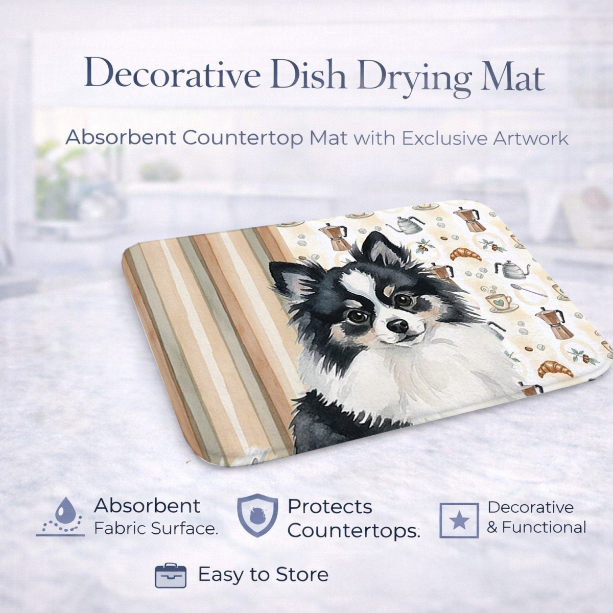 Picture of Carolines Treasures WDK7558DDM 21 x 14 in. Black & White Pomeranian Coffee Bar Dish Drying Mat