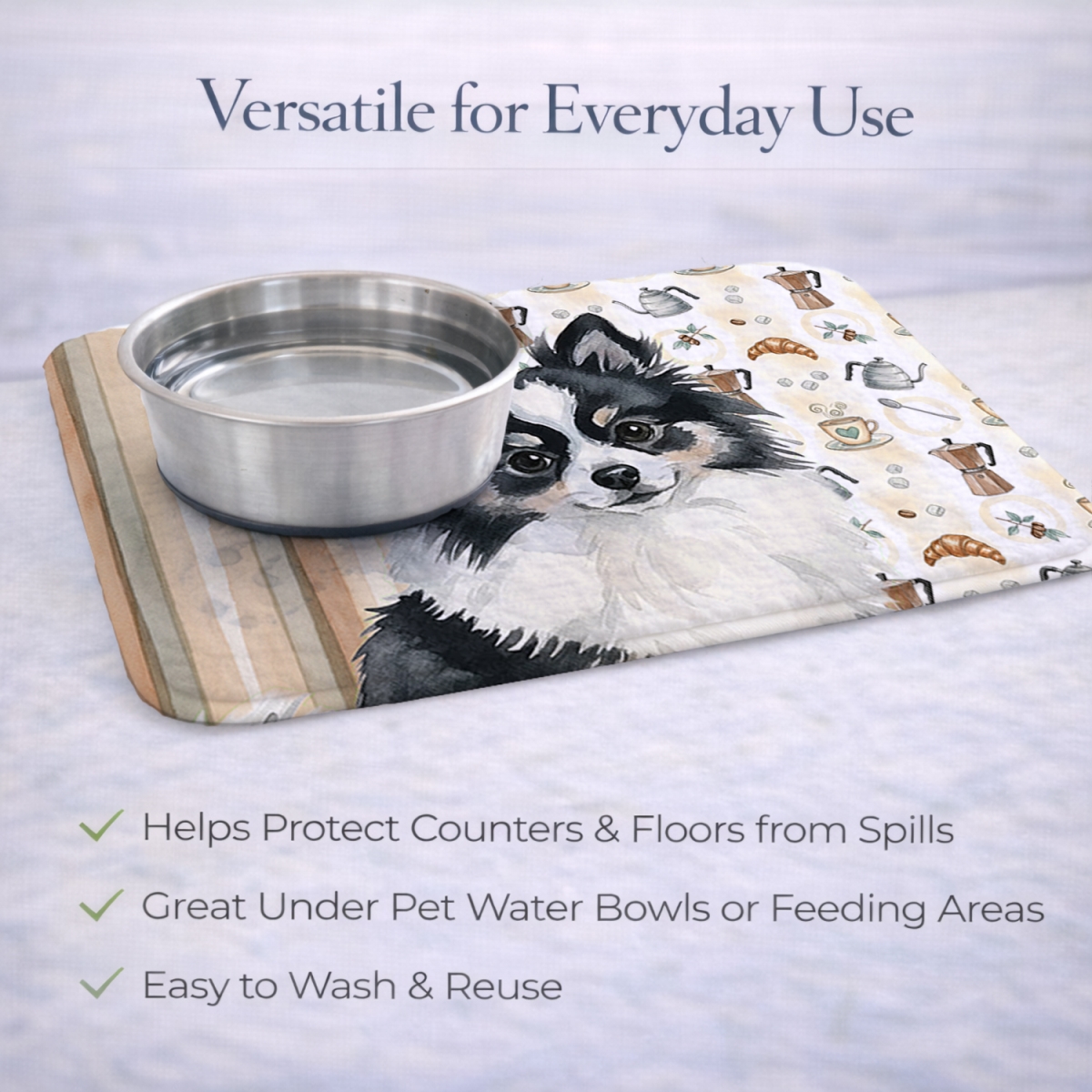Picture of Carolines Treasures WDK7558DDM 21 x 14 in. Black & White Pomeranian Coffee Bar Dish Drying Mat