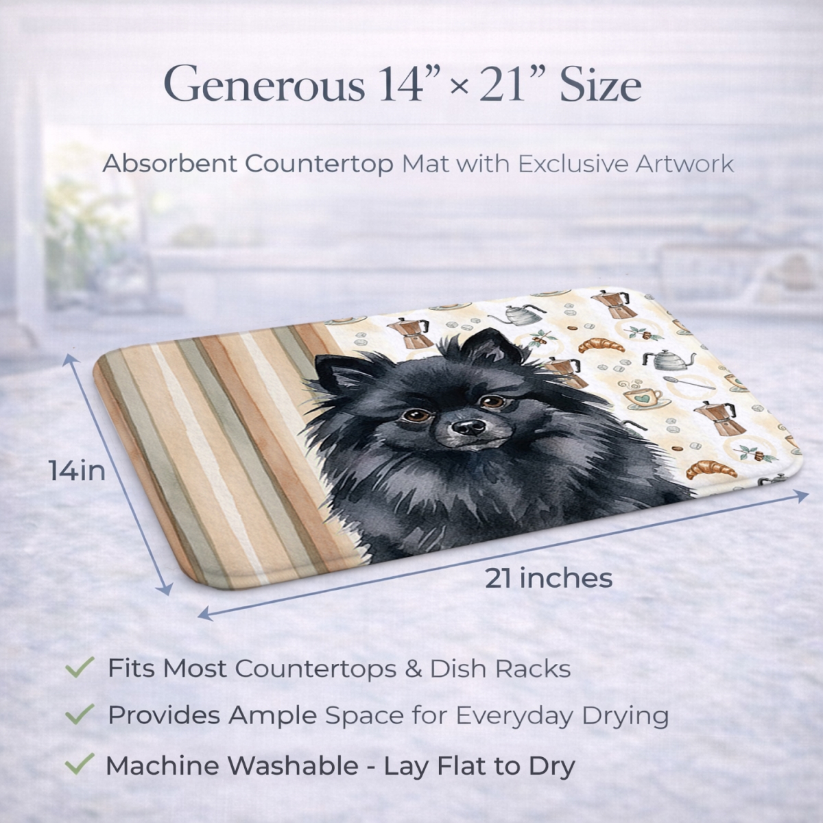 Picture of Carolines Treasures WDK7559DDM 21 x 14 in. Black Pomeranian Coffee Bar Dish Drying Mat