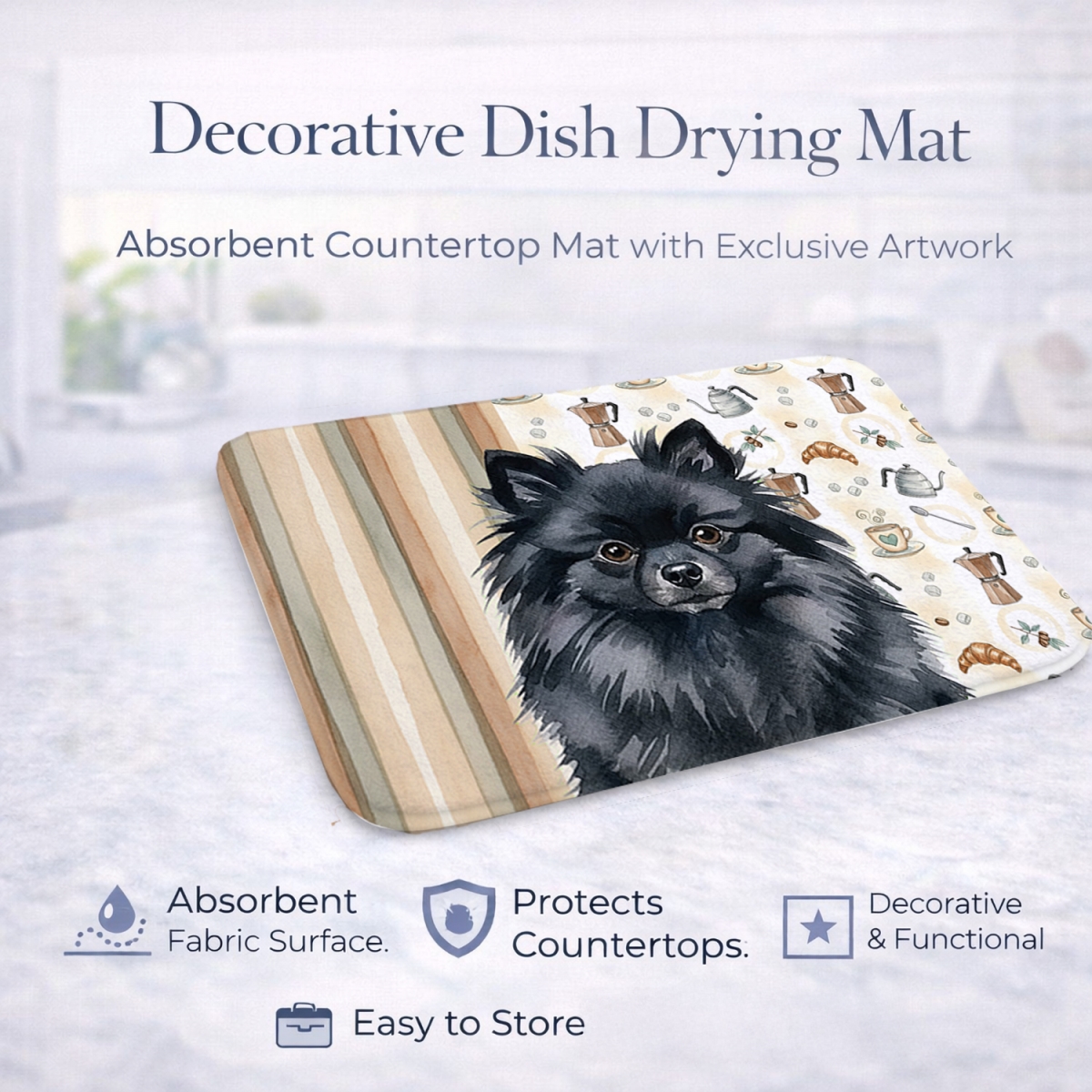 Picture of Carolines Treasures WDK7559DDM 21 x 14 in. Black Pomeranian Coffee Bar Dish Drying Mat