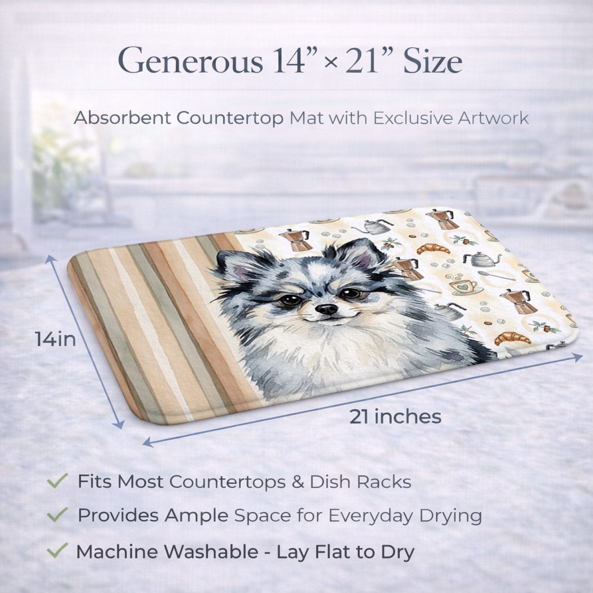 Picture of Carolines Treasures WDK7560DDM 21 x 14 in. Blue Merle Pomeranian Coffee Bar Dish Drying Mat
