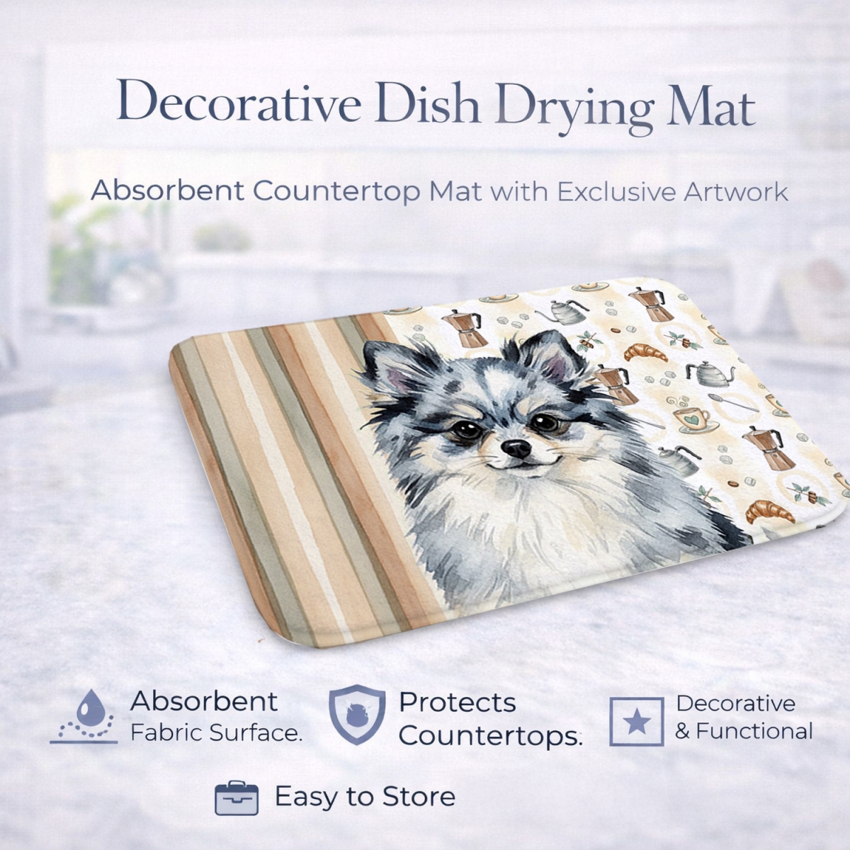 Picture of Carolines Treasures WDK7560DDM 21 x 14 in. Blue Merle Pomeranian Coffee Bar Dish Drying Mat