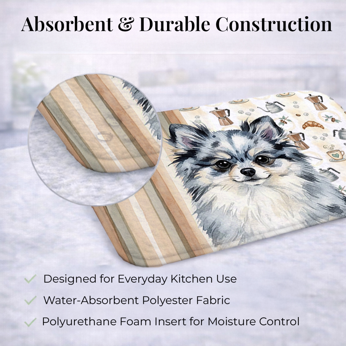 Picture of Carolines Treasures WDK7560DDM 21 x 14 in. Blue Merle Pomeranian Coffee Bar Dish Drying Mat