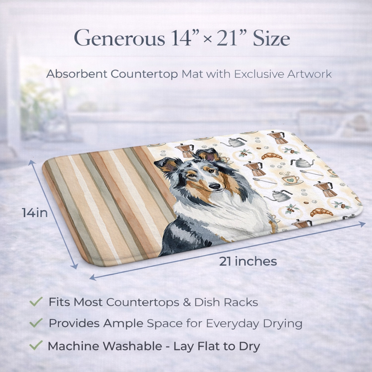 Picture of Carolines Treasures WDK7385DDM 21 x 14 in. Blue Merle Collie Coffee Bar Dish Drying Mat
