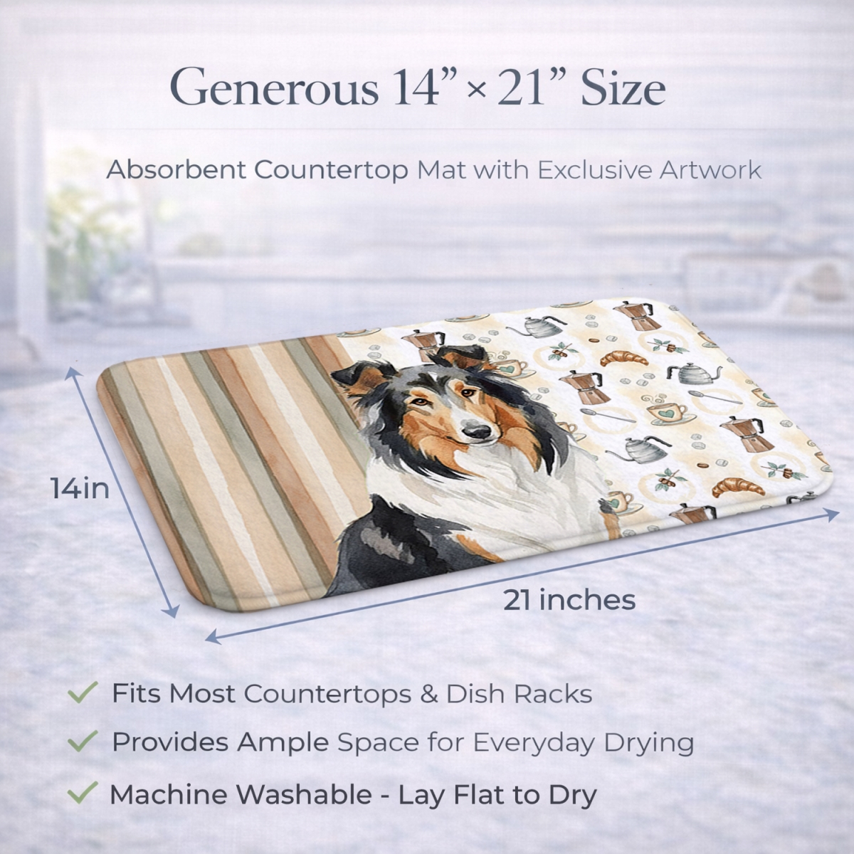 Picture of Carolines Treasures WDK7387DDM 21 x 14 in. Tricolor Collie Coffee Bar Dish Drying Mat