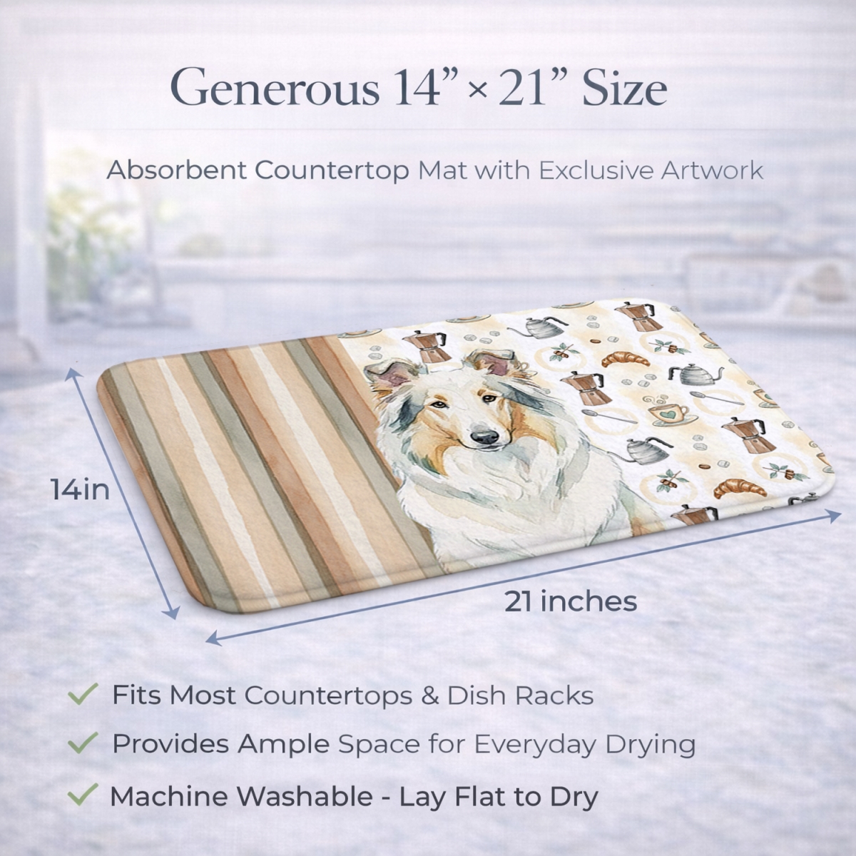 Picture of Carolines Treasures WDK7388DDM 21 x 14 in. White Collie Coffee Bar Dish Drying Mat