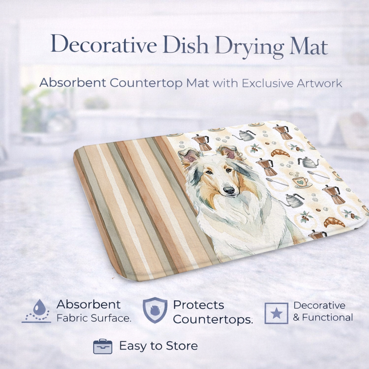 Picture of Carolines Treasures WDK7388DDM 21 x 14 in. White Collie Coffee Bar Dish Drying Mat
