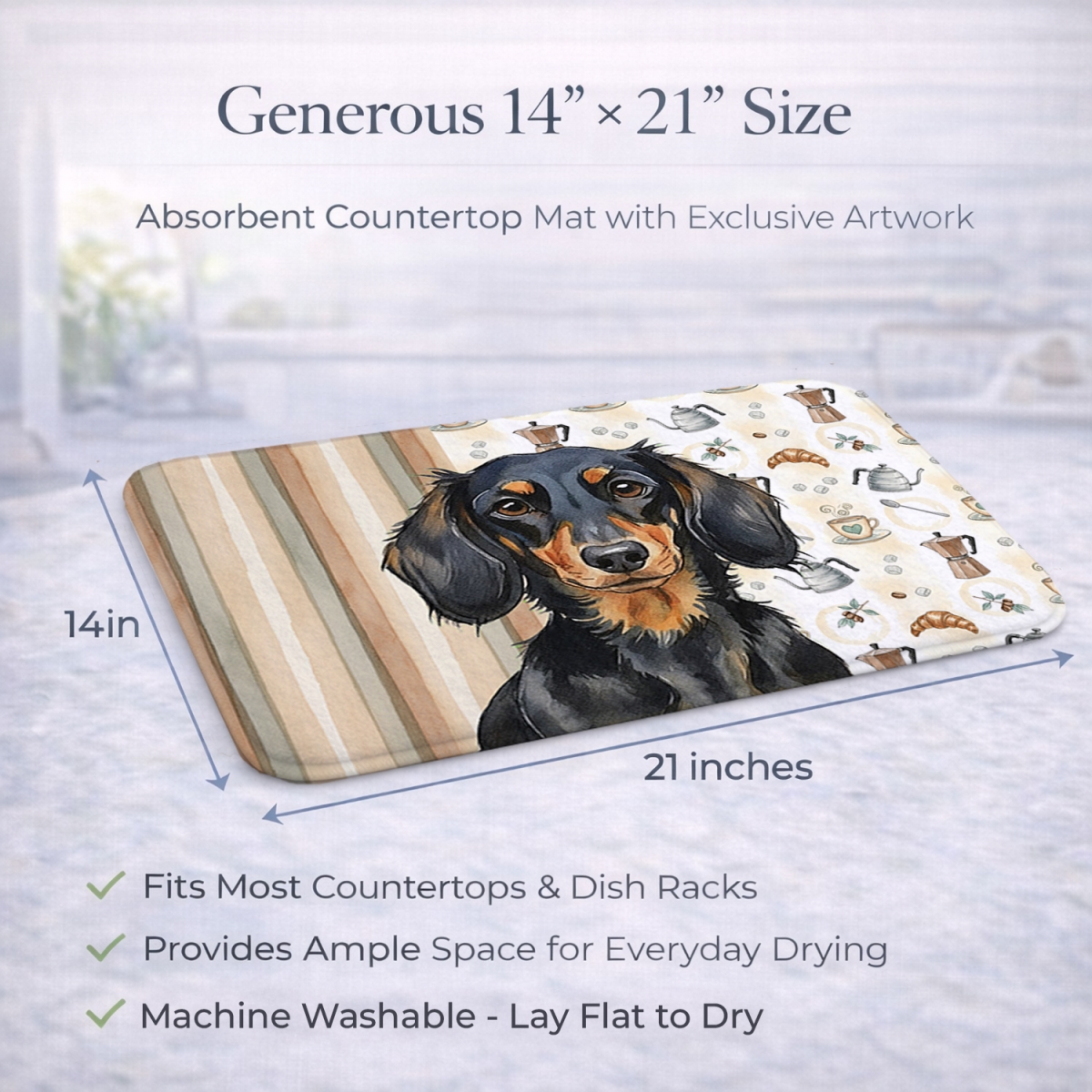 Picture of Carolines Treasures WDK7395DDM 21 x 14 in. Longhaired Black & Tan Dachshund Coffee Bar Dish Drying Mat