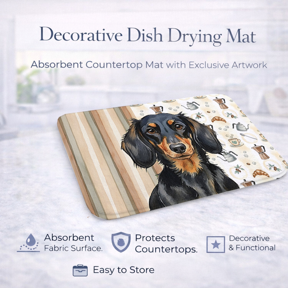 Picture of Carolines Treasures WDK7395DDM 21 x 14 in. Longhaired Black & Tan Dachshund Coffee Bar Dish Drying Mat
