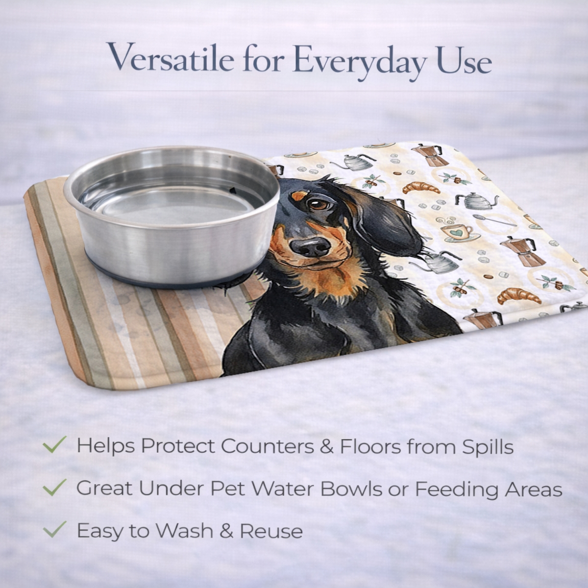 Picture of Carolines Treasures WDK7395DDM 21 x 14 in. Longhaired Black & Tan Dachshund Coffee Bar Dish Drying Mat