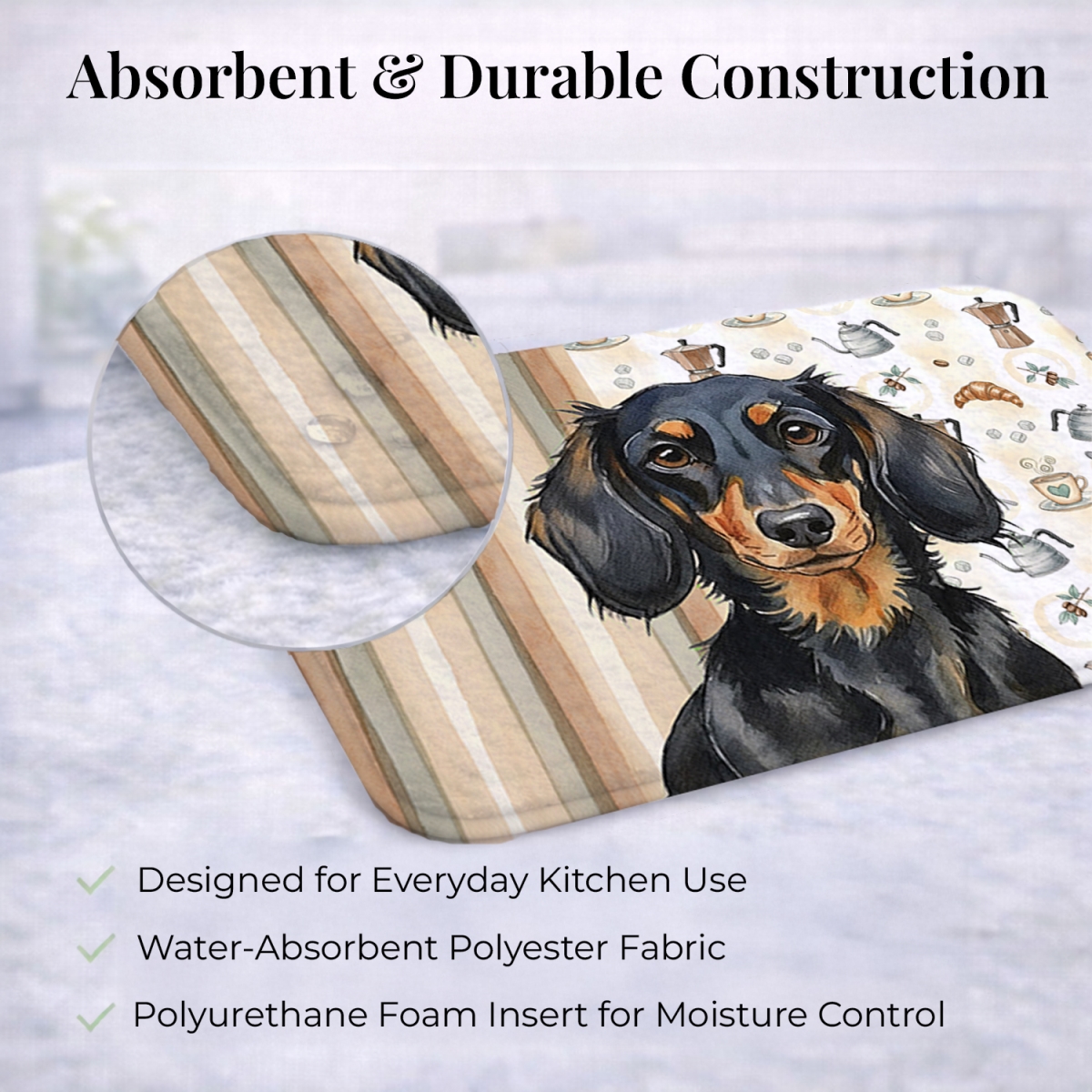 Picture of Carolines Treasures WDK7395DDM 21 x 14 in. Longhaired Black & Tan Dachshund Coffee Bar Dish Drying Mat